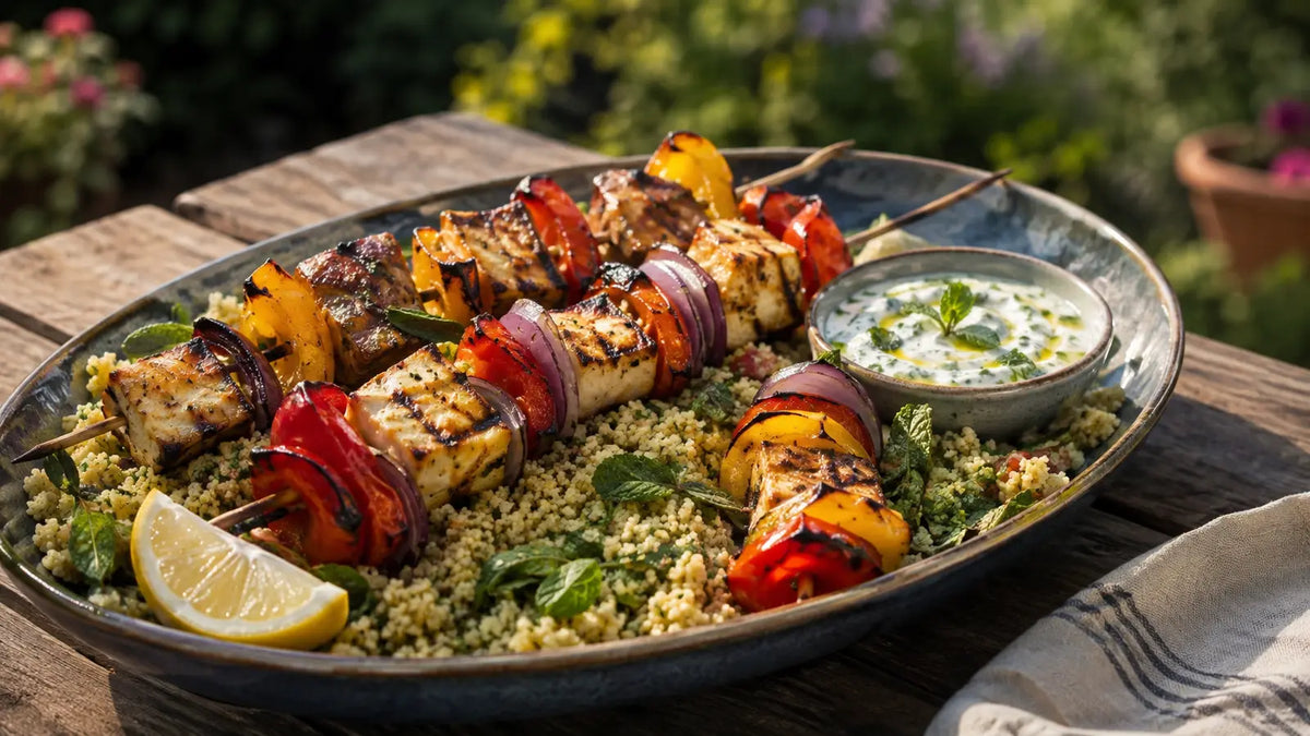 Charred Dante’s Inferno halloumi and pepper skewers served over herby cous cous with yoghurt.