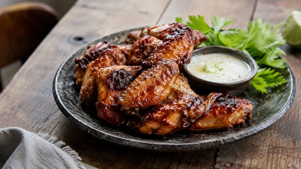 Sticky Dante’s Inferno hot honey chicken wings served with cooling lime yoghurt.