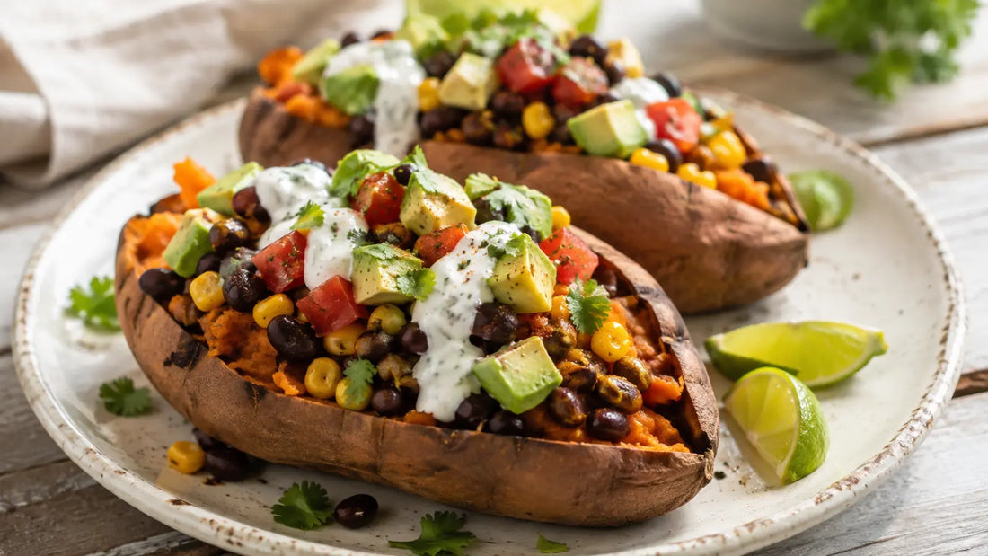 Dante’s Inferno loaded sweet potatoes with black beans, sweetcorn, avocado and lime yoghurt.
