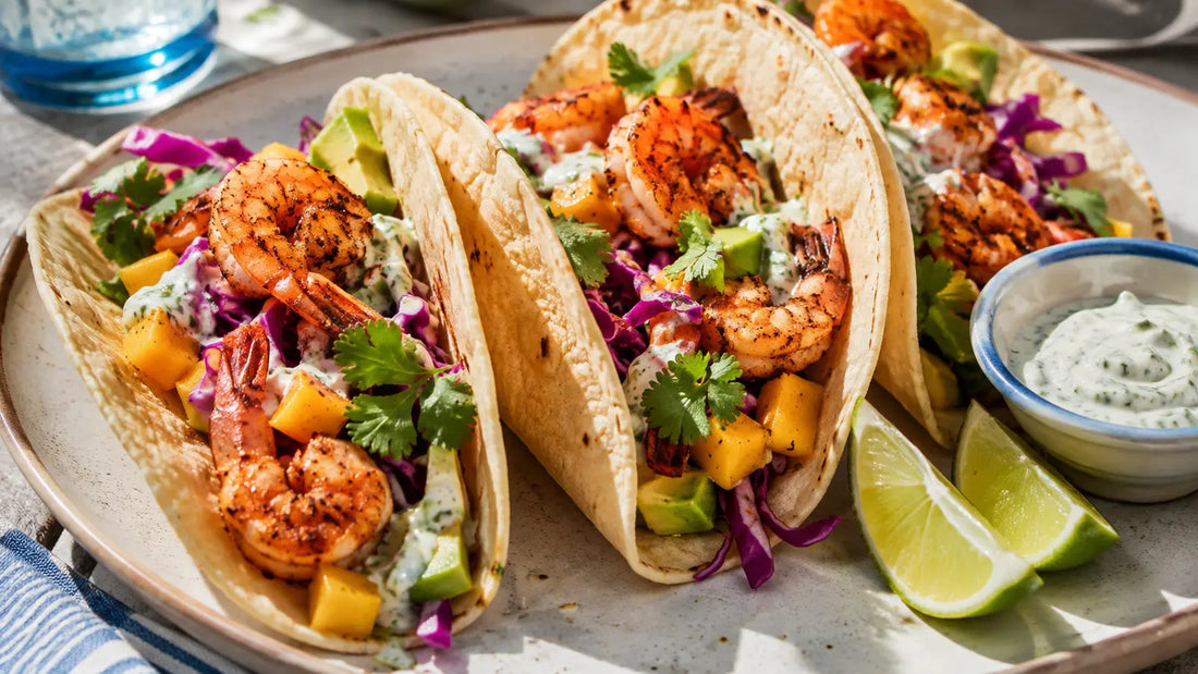Dante’s Inferno prawn tacos filled with mango slaw, avocado and cooling lime yoghurt.