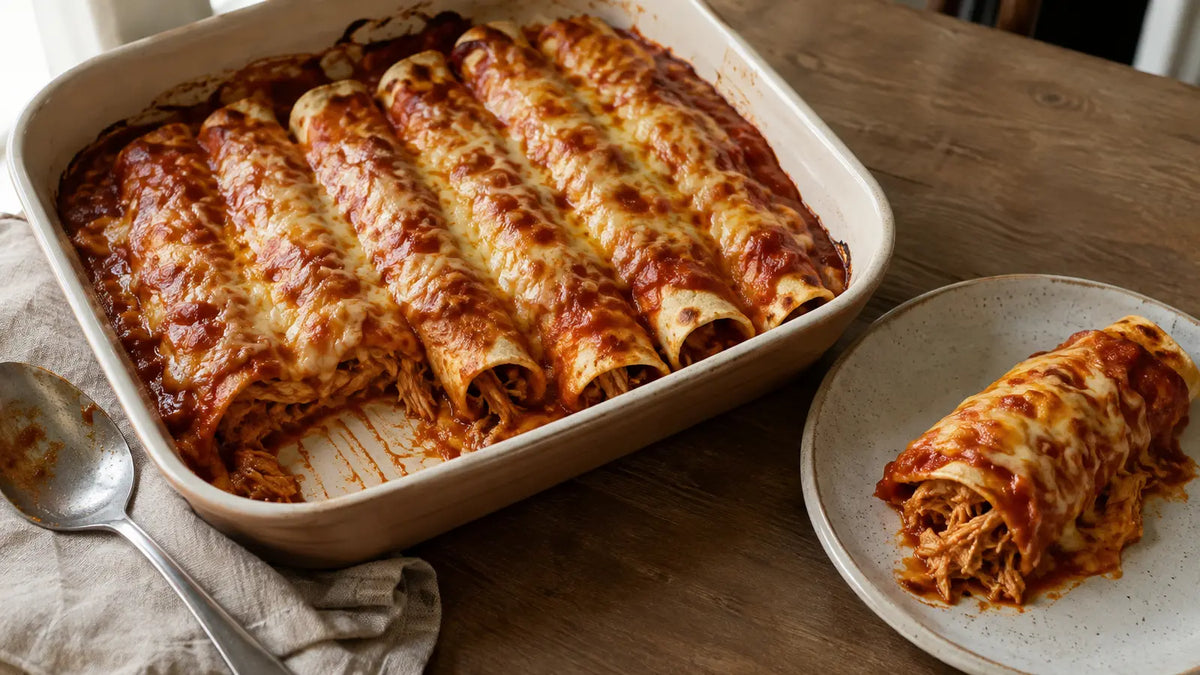 Chicken enchilada bake with rolled tortillas, seasoned shredded chicken, rich tomato sauce and golden melted cheese.