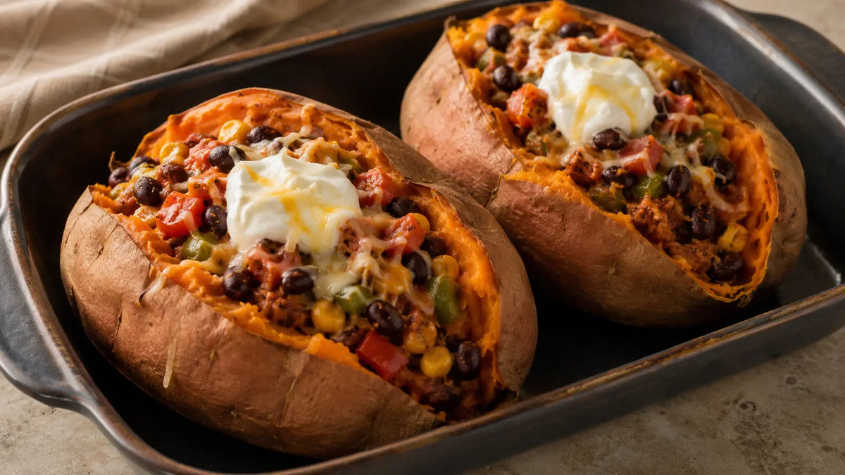 Baked sweet potatoes filled with fajita-spiced black beans, sweetcorn, peppers, tomato, melted cheese and sour cream.