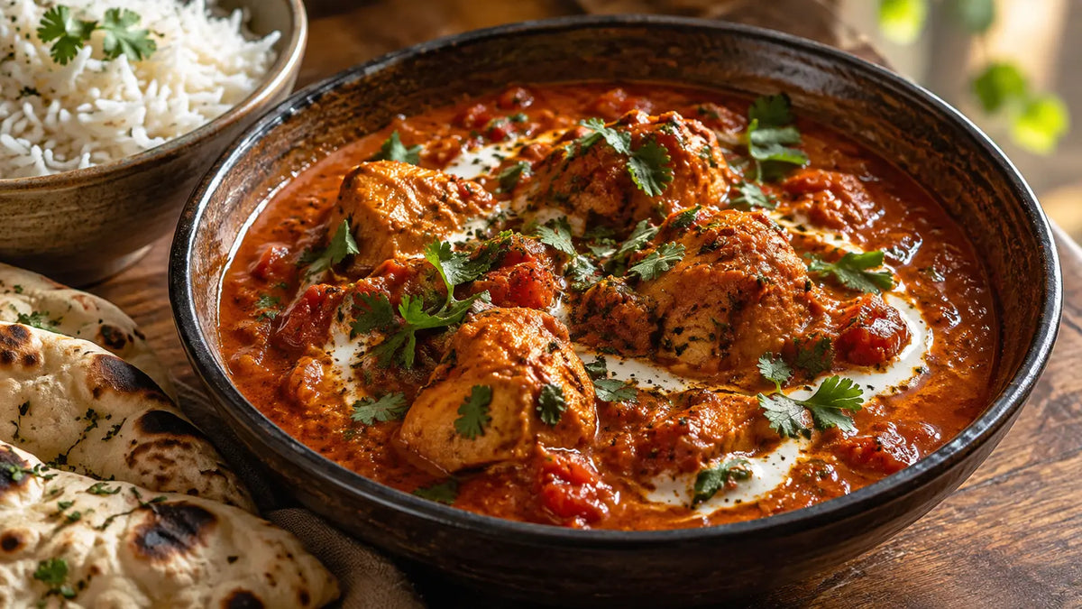 Fiery Hot Curry Powder chicken and tomato curry with basmati rice and naan
