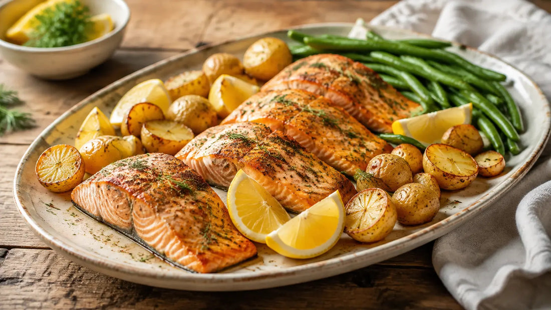 Oven-baked salmon with lemon, baby potatoes and green beans, seasoned with Spice & Dipity Fish Seasoning.