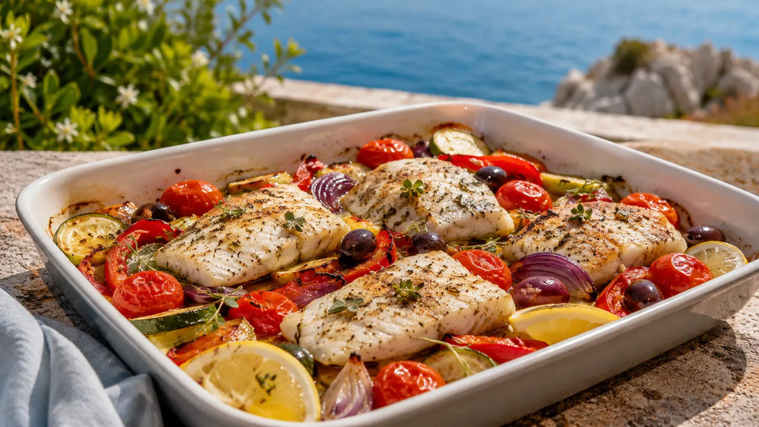Mediterranean white fish traybake with tomatoes, courgette, peppers, olives and lemon, made with Fish Seasoning.