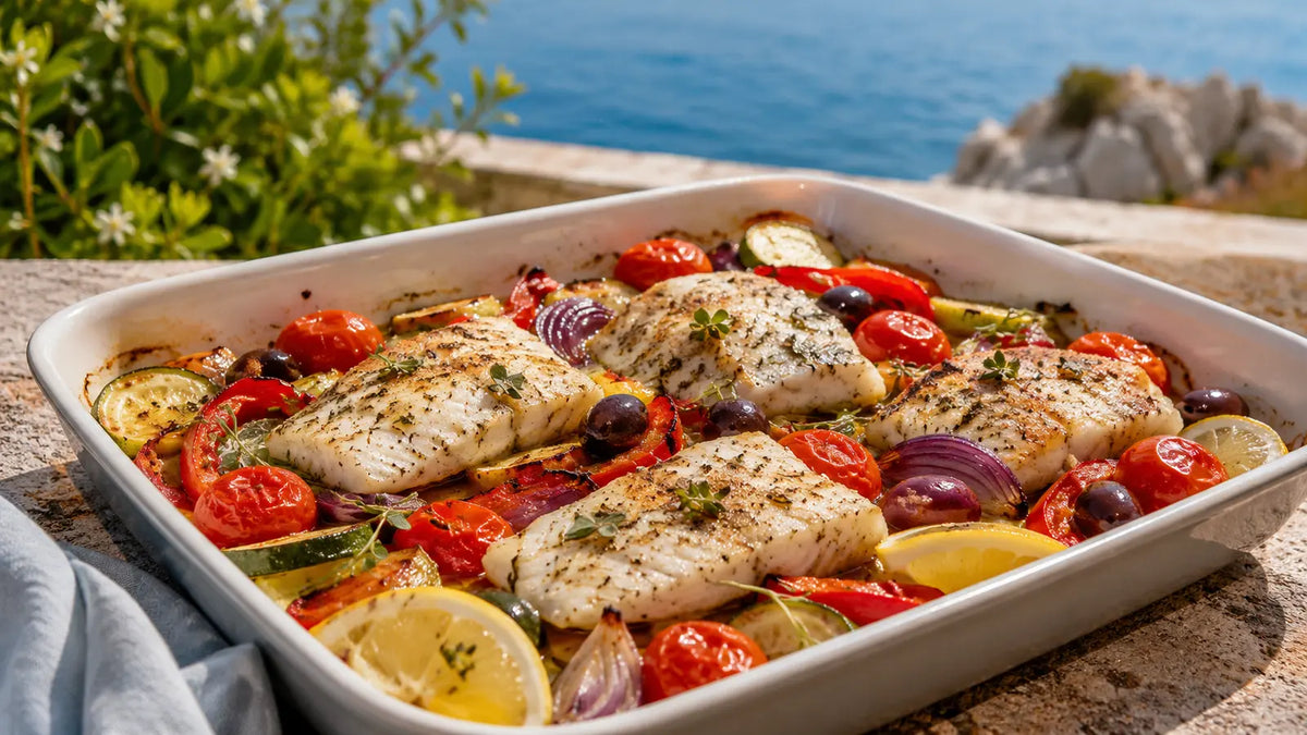 Mediterranean white fish traybake with tomatoes, courgette, peppers, olives and lemon, made with Fish Seasoning.