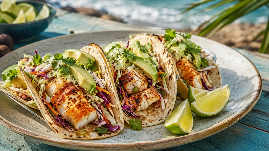 Fish Seasoning tacos with golden white fish, crunchy lime slaw, avocado, coriander and fresh lime.