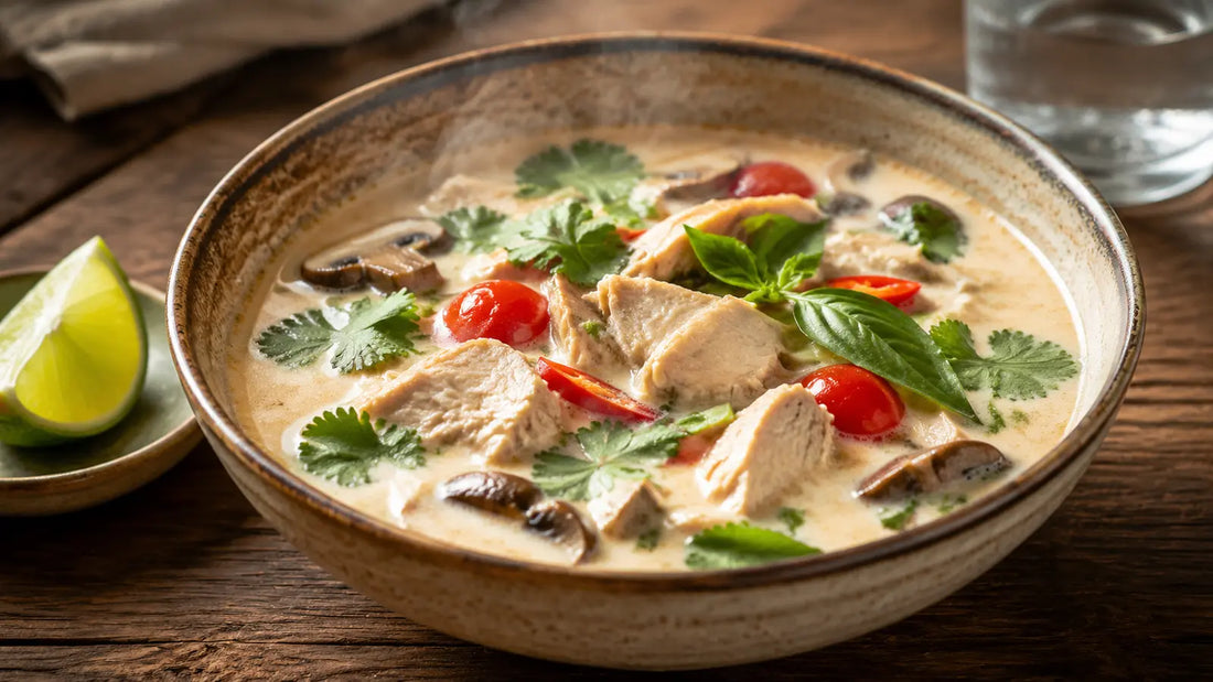 Fragrant Thai chicken coconut soup with mushrooms, cherry tomatoes, coriander, basil and lime.