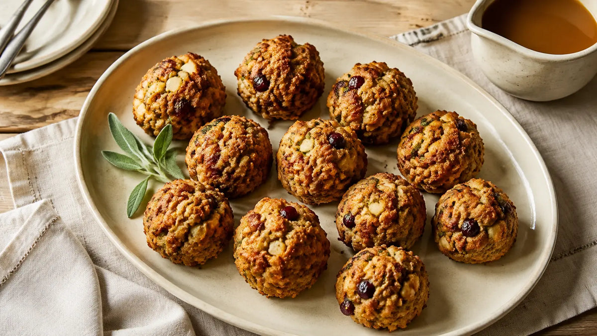 Golden Fruity Stuffing Seasoning stuffing balls with apple, cranberry and herbs beside a jug of gravy.