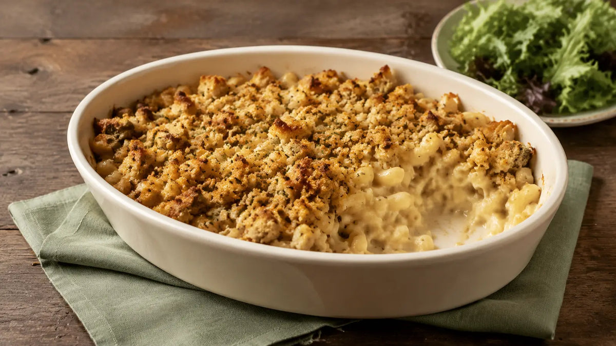 Creamy macaroni cheese with a crisp golden Fruity Stuffing Seasoning crumb topping.