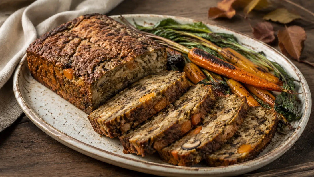 Plant-based Fruity Stuffing Seasoning mushroom, lentil and apricot roast with carrots and greens.