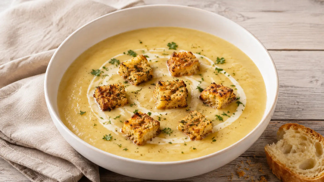 Creamy parsnip and apple soup topped with crisp Fruity Stuffing Seasoning croutons.