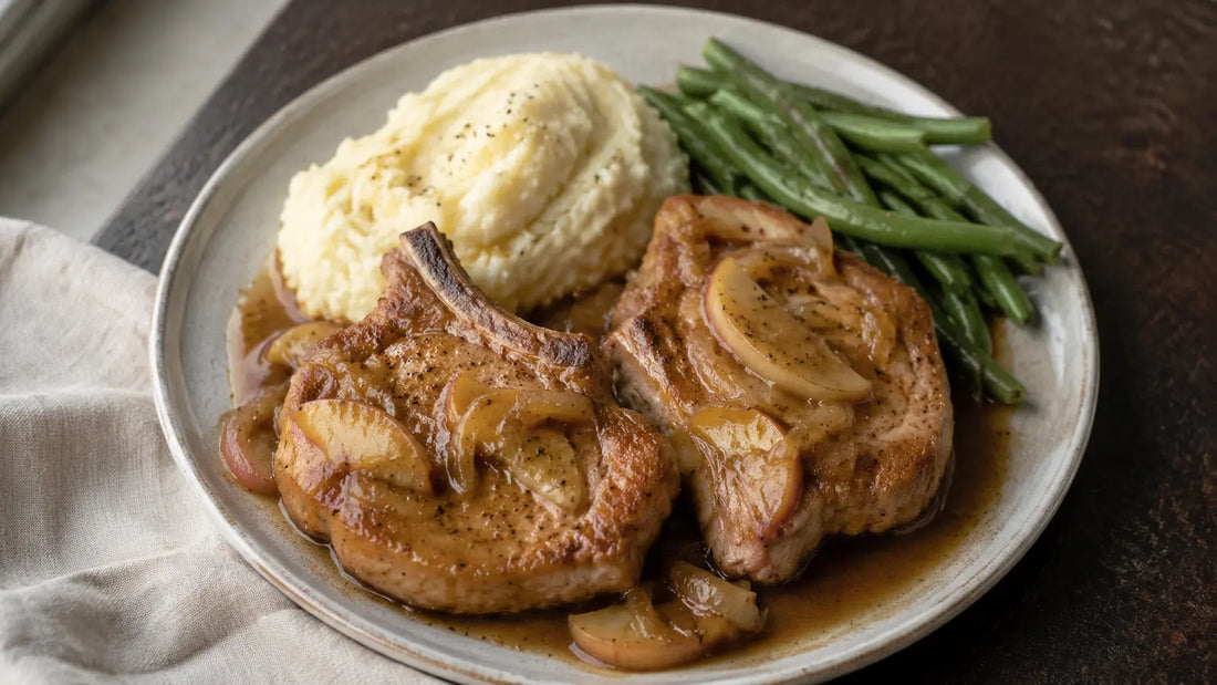 Fruity Stuffing Seasoning pork chops with apple and cider gravy, mashed potato and green beans.