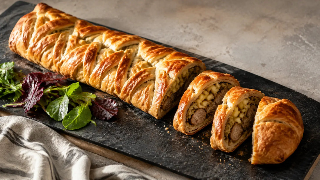 Golden sausage, apple and Fruity Stuffing Seasoning pastry plait sliced on a slate serving board.