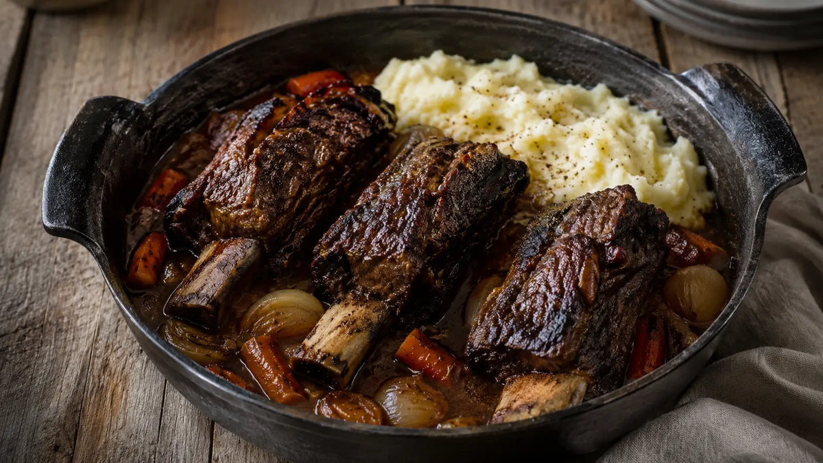 Game Rub ale-braised beef short ribs with shallots, carrots and creamy mashed potato.