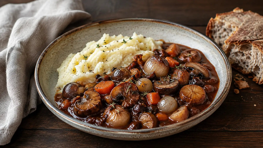 Plant-based Game Rub mushroom and chestnut bourguignon with pearl onions, carrots and mashed potato.