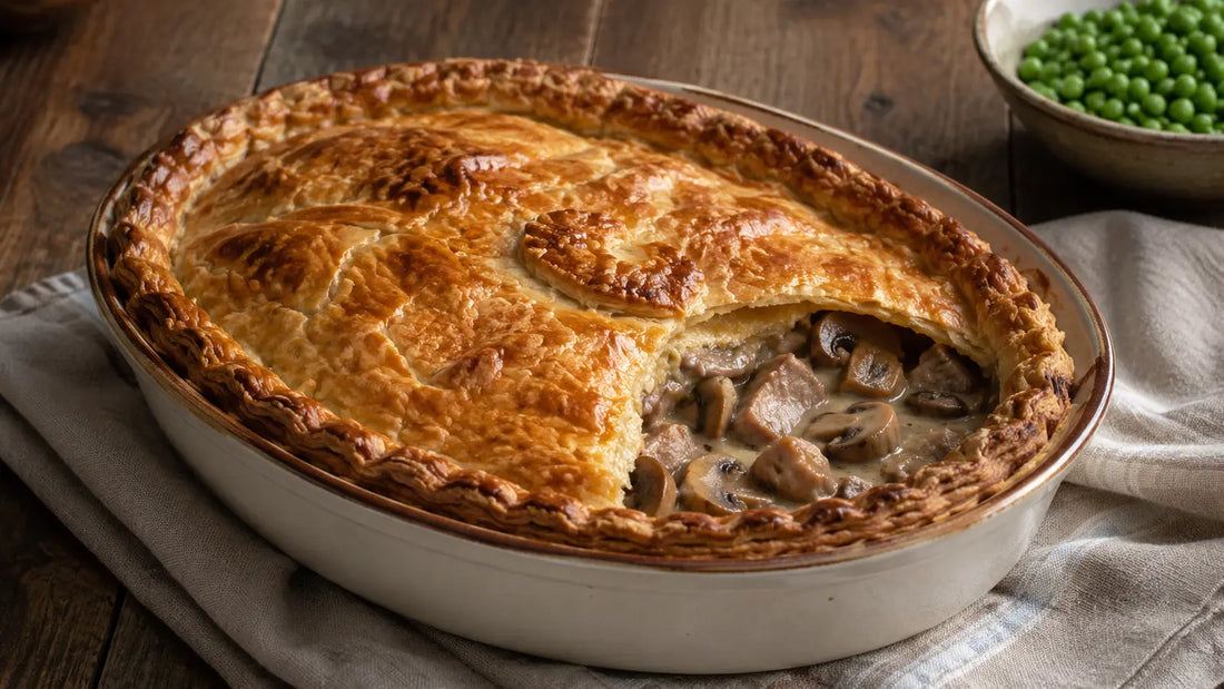 Golden Game Rub pheasant and mushroom pie with flaky pastry and a creamy savoury filling.