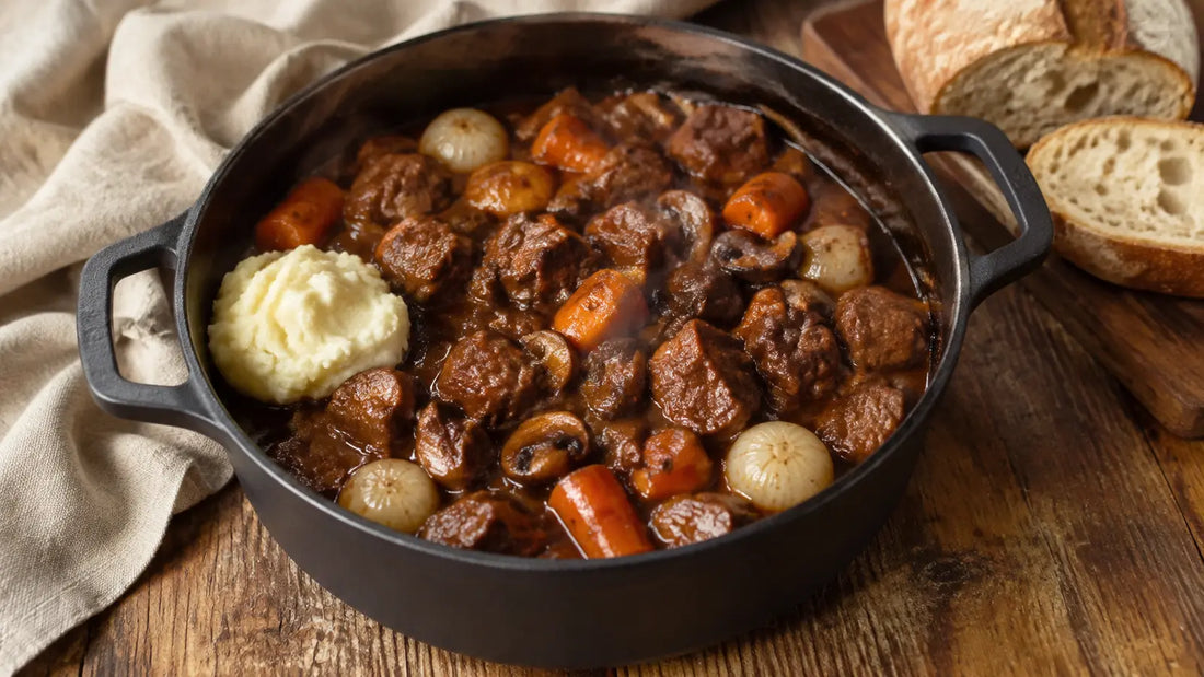 Slow-cooked Game Rub venison and red wine stew with carrots, pearl onions and mushrooms.