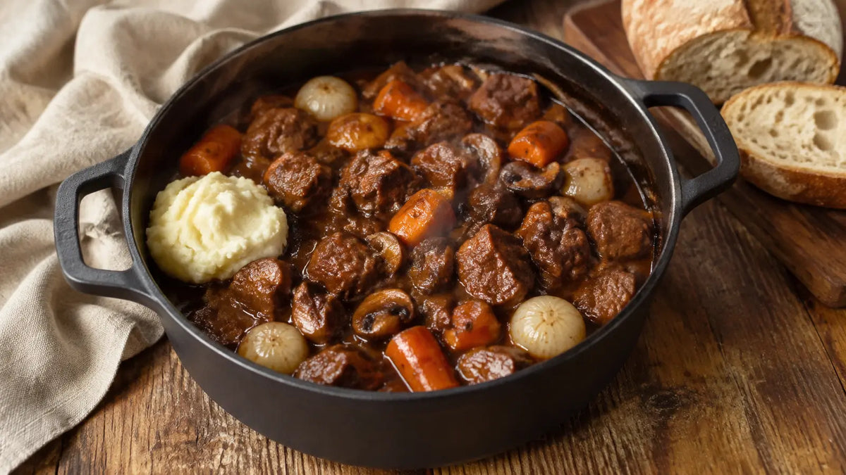 Slow-cooked Game Rub venison and red wine stew with carrots, pearl onions and mushrooms.