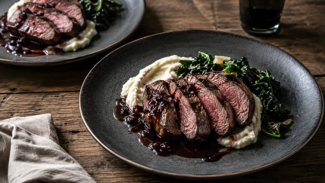 Game Rub venison steaks with blackberry sauce, creamy celeriac mash and wilted greens.