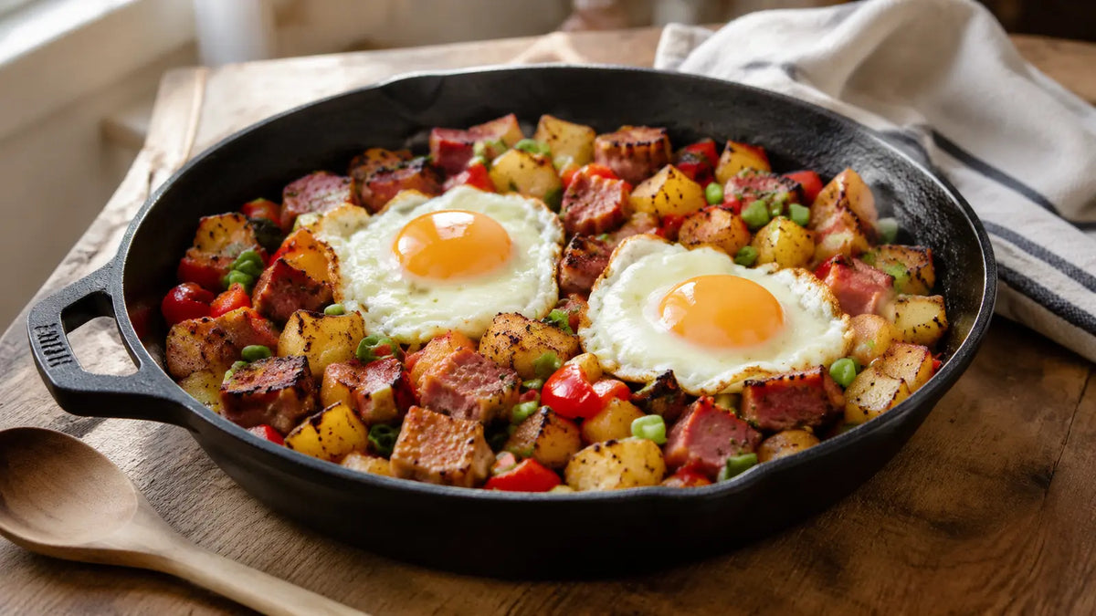 Crisp Gammon Rub breakfast hash with golden potatoes, peppers, spring onions and two fried eggs.