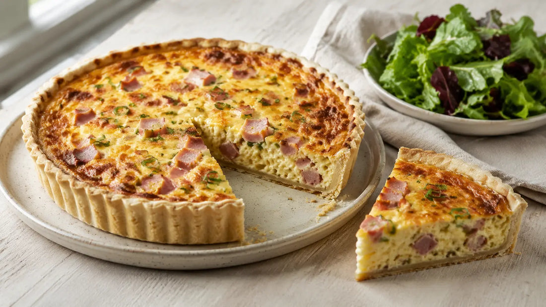Homemade Gammon Rub quiche with mature Cheddar, spring onion and a crisp pastry case.