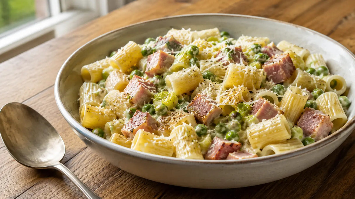 Creamy Gammon Rub pasta with garden peas, soft leeks and mature cheese.