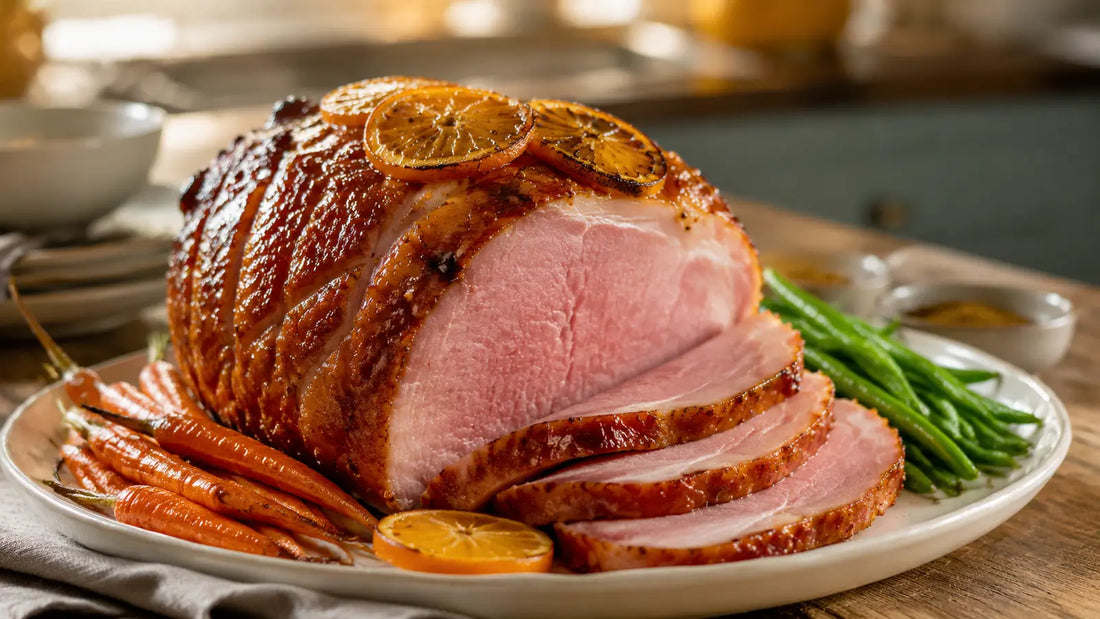 Honey-mustard and orange glazed roast gammon with carved slices, roasted carrots and green beans.