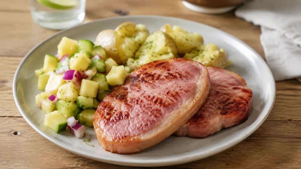 Pan-seared Gammon Rub steaks with fresh pineapple salsa and crushed new potatoes.