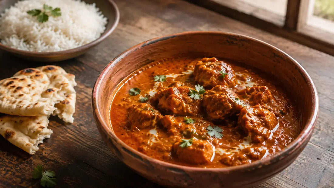 Garam Masala butter chicken served with basmati rice and naan on a rustic wooden table.