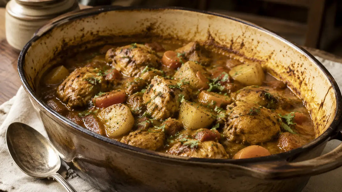 Garam Masala chicken and potato stew with carrots, tomatoes and coriander in a rustic casserole dish.