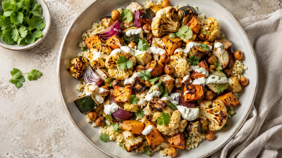 Garam Masala roasted vegetable and chickpea bowl with cous cous, coriander and lemon yoghurt drizzle.