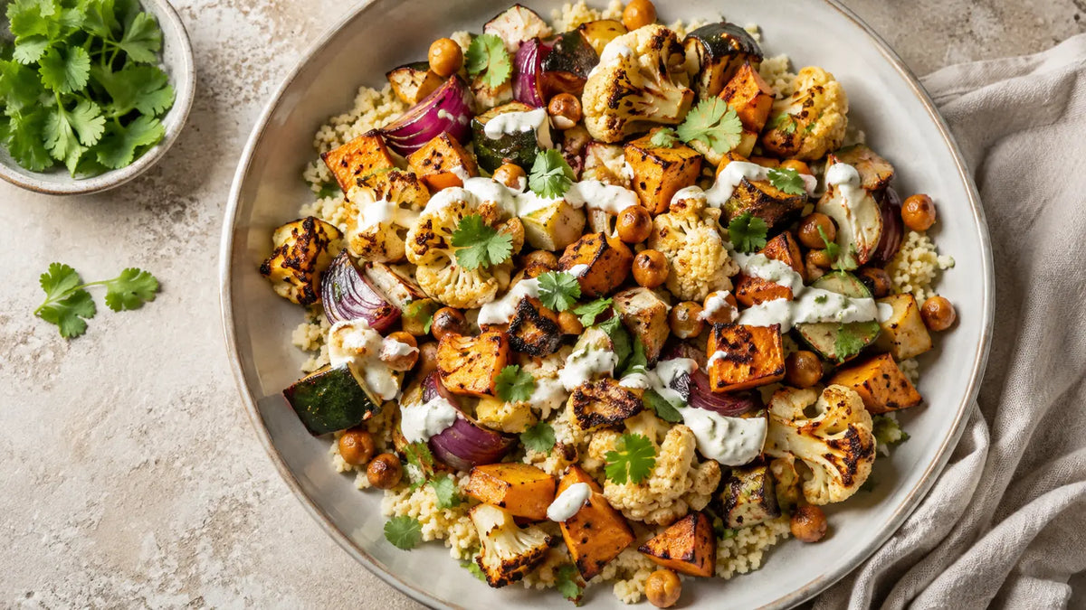 Garam Masala roasted vegetable and chickpea bowl with cous cous, coriander and lemon yoghurt drizzle.