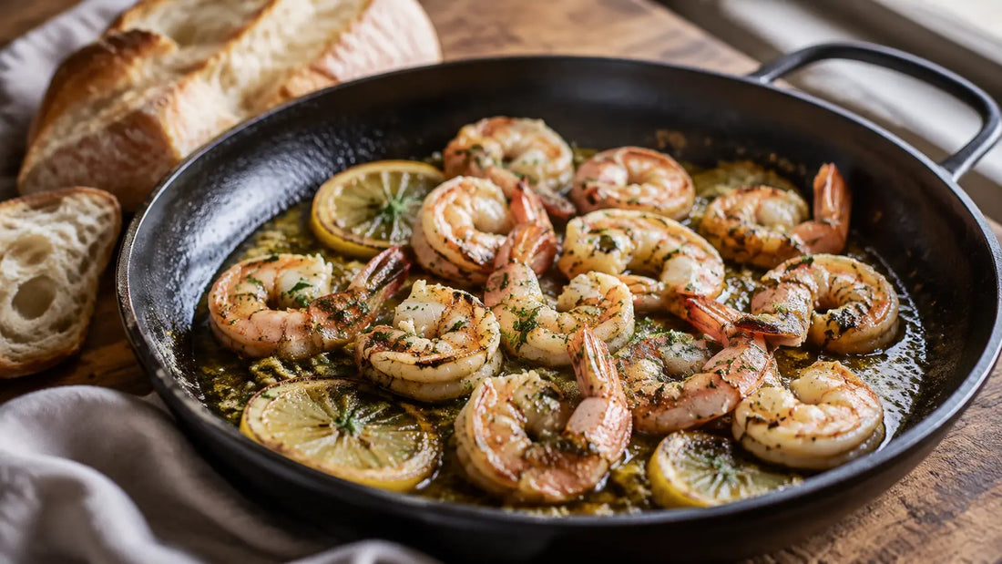 Garlic-butter prawns with lemon and parsley, cooked with Spice & Dipity Fish Seasoning and served with crusty bread.
