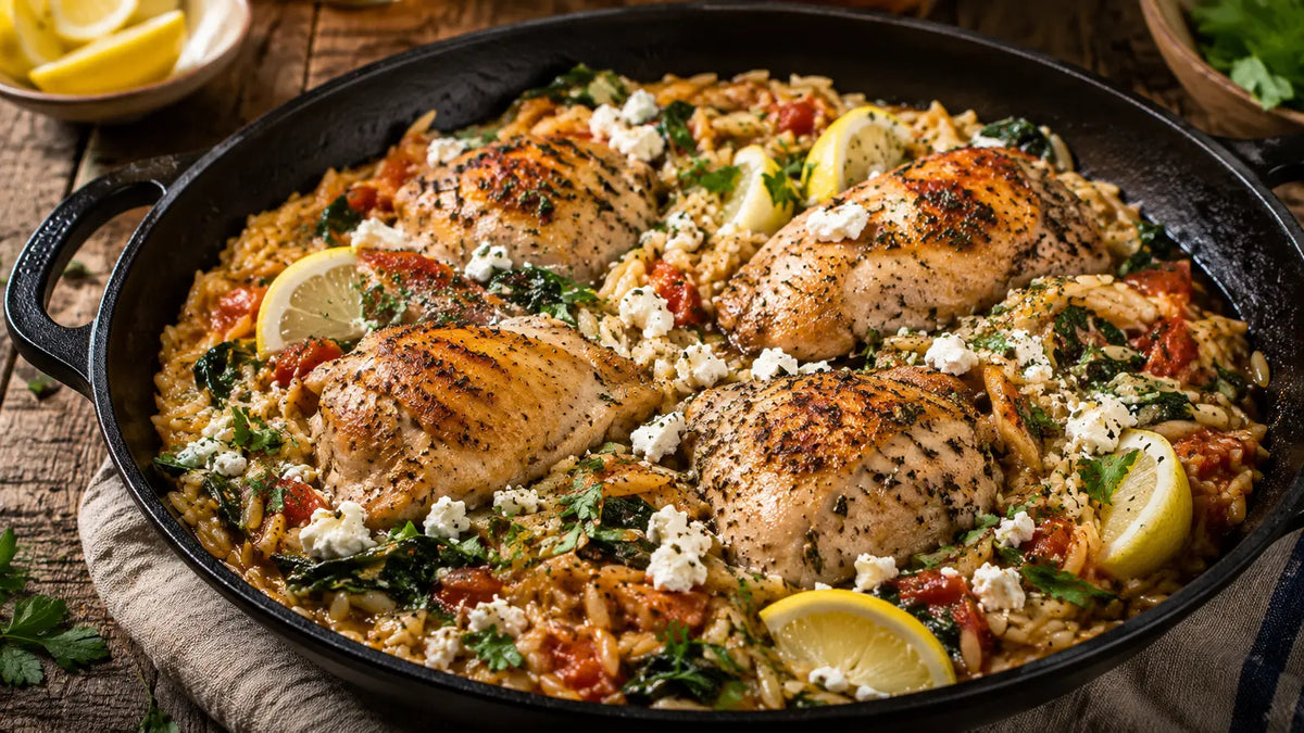 Greek chicken and orzo one-pot with tomatoes, spinach, lemon, feta and fragrant Greek Seasoning.
