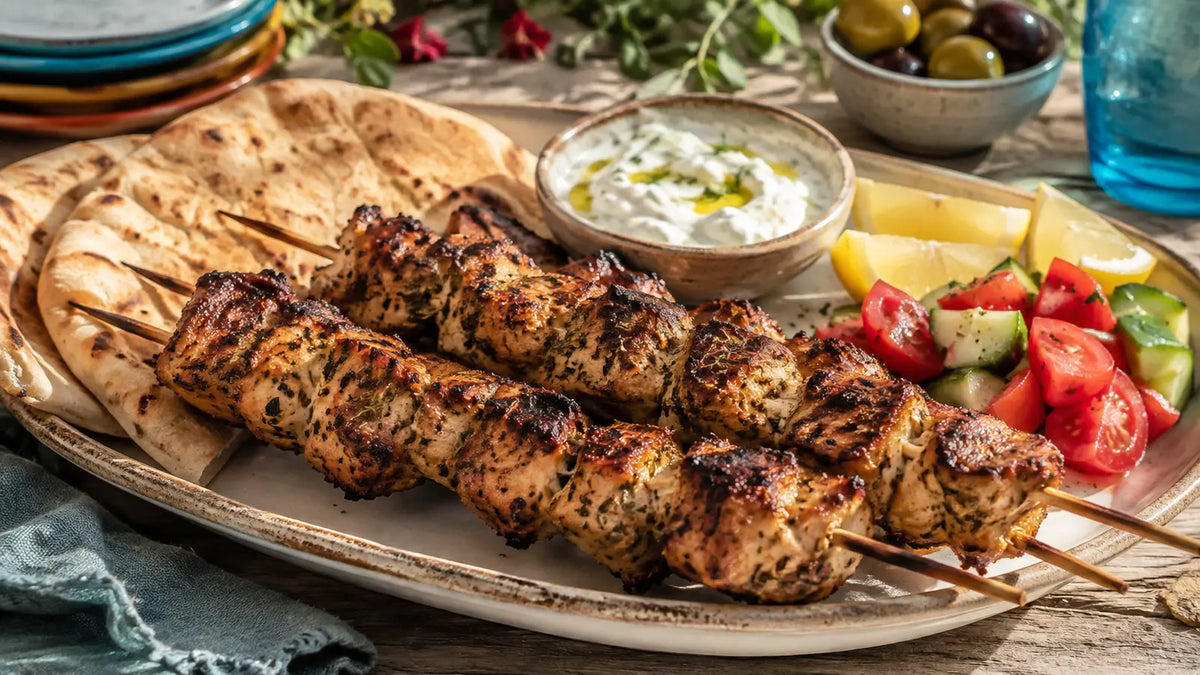 Greek Seasoning chicken souvlaki skewers served with warm pitta, tzatziki, lemon and a tomato cucumber salad.