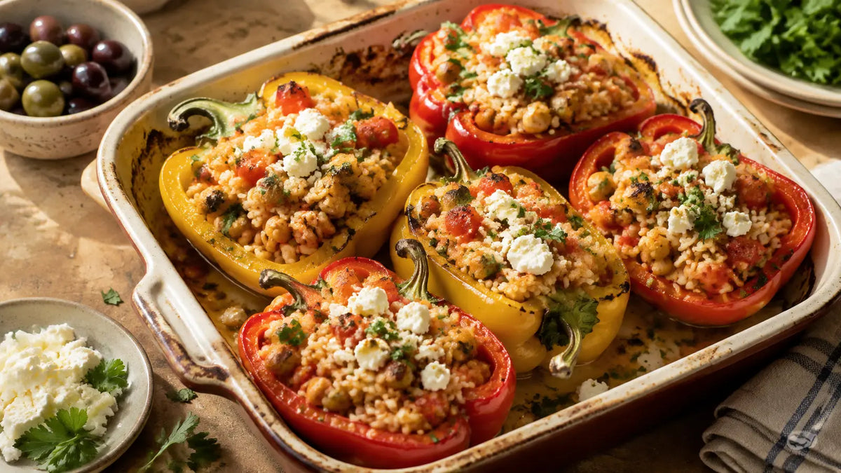 Greek-style stuffed peppers filled with seasoned rice, chickpeas, tomatoes and feta in a ceramic baking dish.
