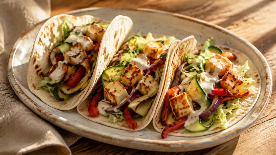 Halloumi and courgette fajita tacos with charred peppers, red onion, shredded lettuce and a cooling yoghurt drizzle.
