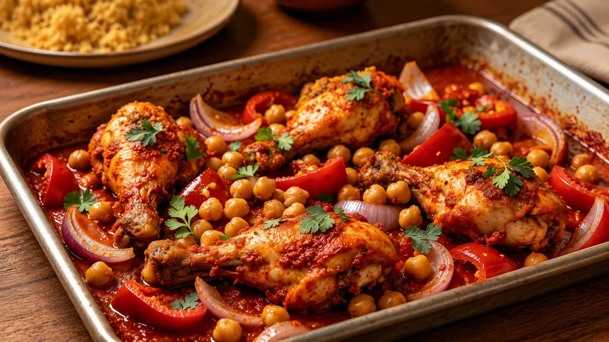 Harissa chicken and chickpea traybake made with Spice & Dipity Harissa Moroccan Spice Blend, roasted with peppers, onions and tomatoes