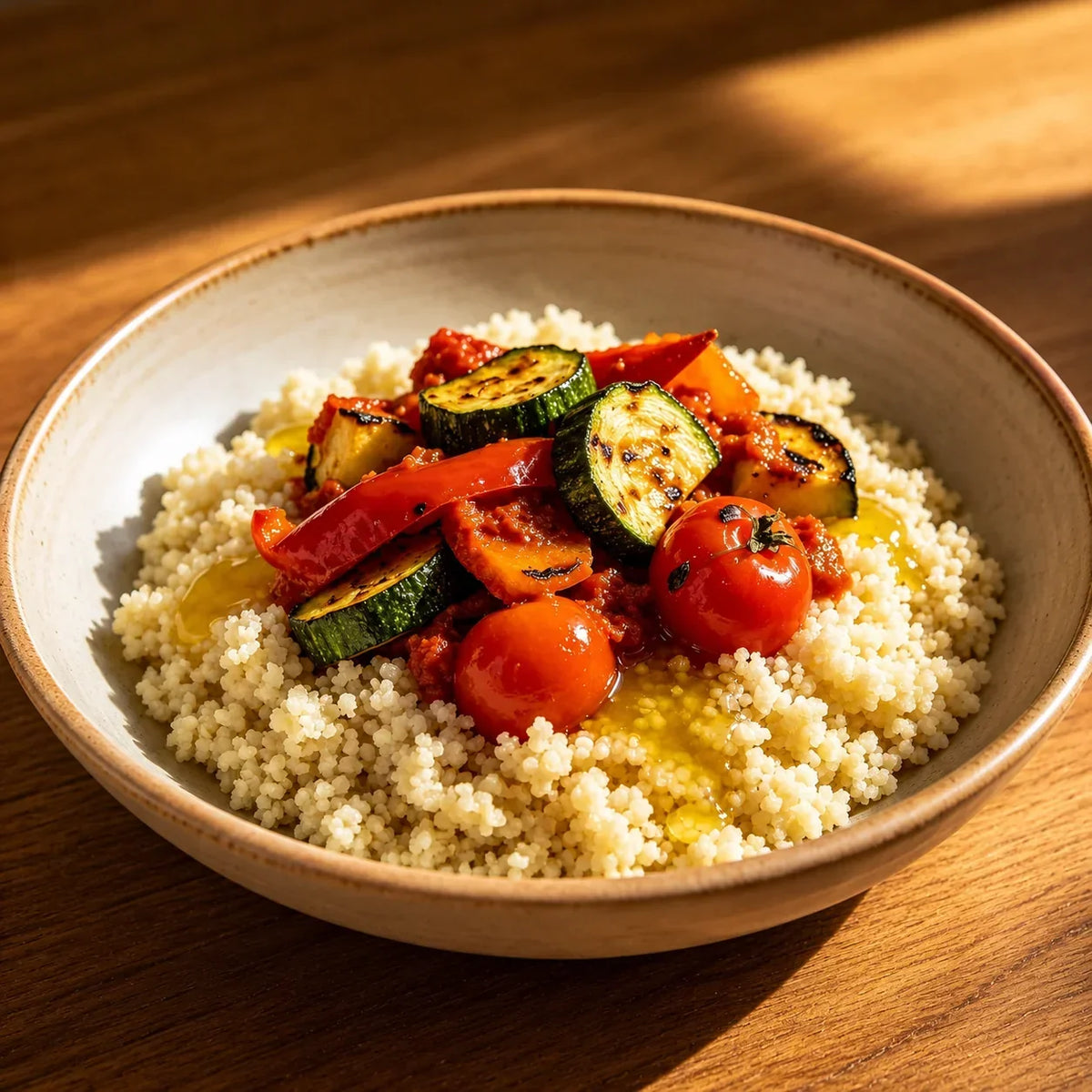 Harissa cous cous bowl with roasted vegetables and lemon dressing, made using Spice & Dipity Harissa Moroccan Spice Blend.