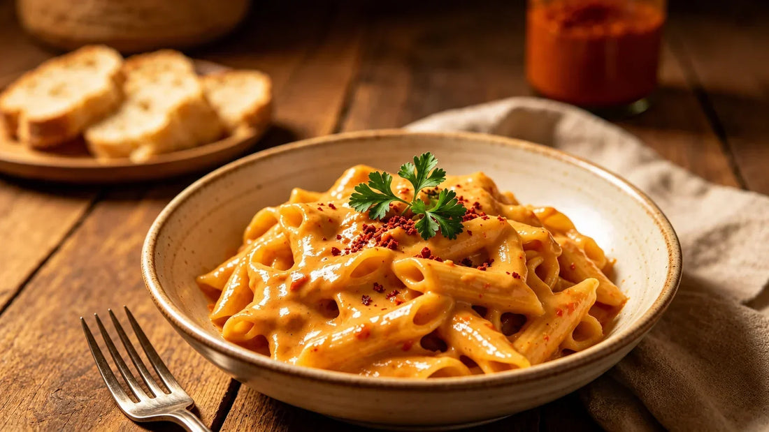 Creamy Harissa Pasta made with Spice & Dipity Harissa Moroccan Spice Blend, served with fresh parsley and a rich, spicy sauce.