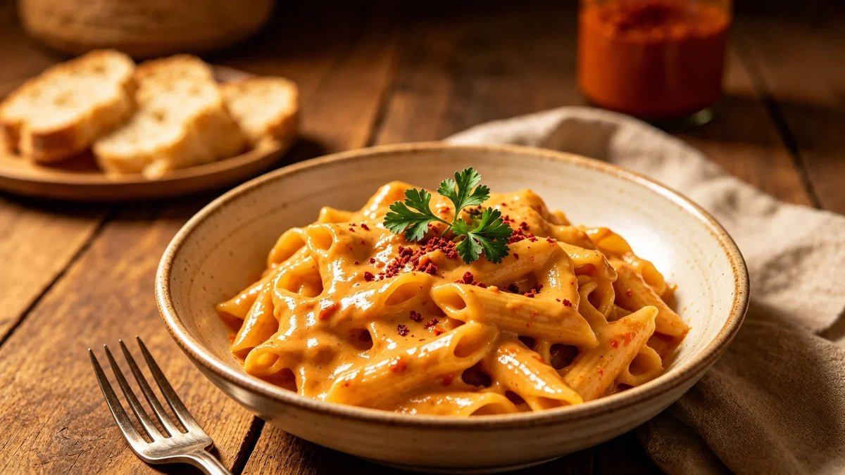 Creamy Harissa Pasta made with Spice & Dipity Harissa Moroccan Spice Blend, served with fresh parsley and a rich, spicy sauce.