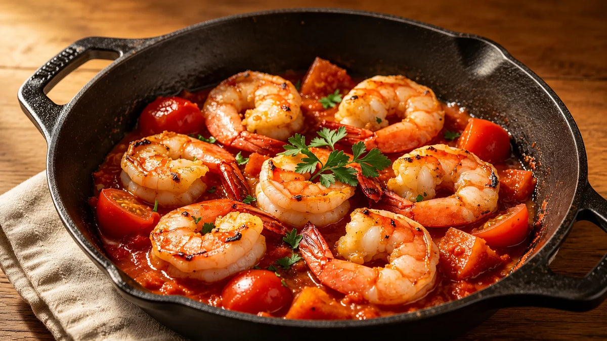 Harissa prawn and tomato skillet made with Spice & Dipity Harissa Moroccan Spice Blend, cooked in a rich tomato sauce and garnished with fresh parsley.