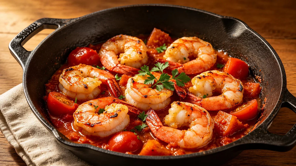 Harissa prawn and tomato skillet made with Spice & Dipity Harissa Moroccan Spice Blend, cooked in a rich tomato sauce and garnished with fresh parsley.
