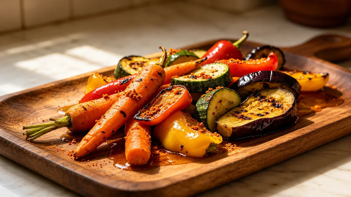 Harissa roasted vegetables with carrots, peppers, courgettes and aubergine, seasoned with Spice & Dipity Harissa Moroccan Spice Blend.