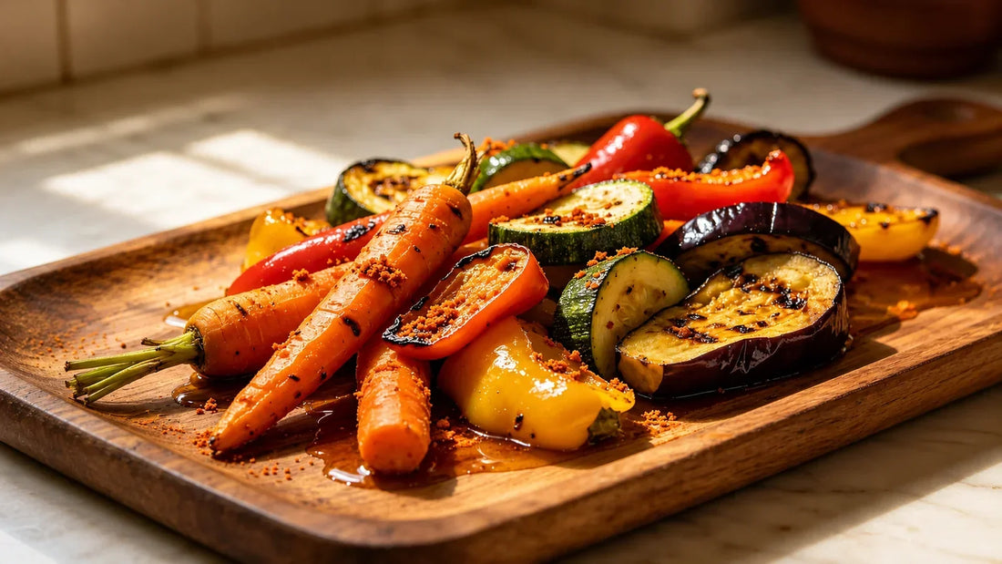 Harissa roasted vegetables with carrots, peppers, courgettes and aubergine, seasoned with Spice & Dipity Harissa Moroccan Spice Blend.