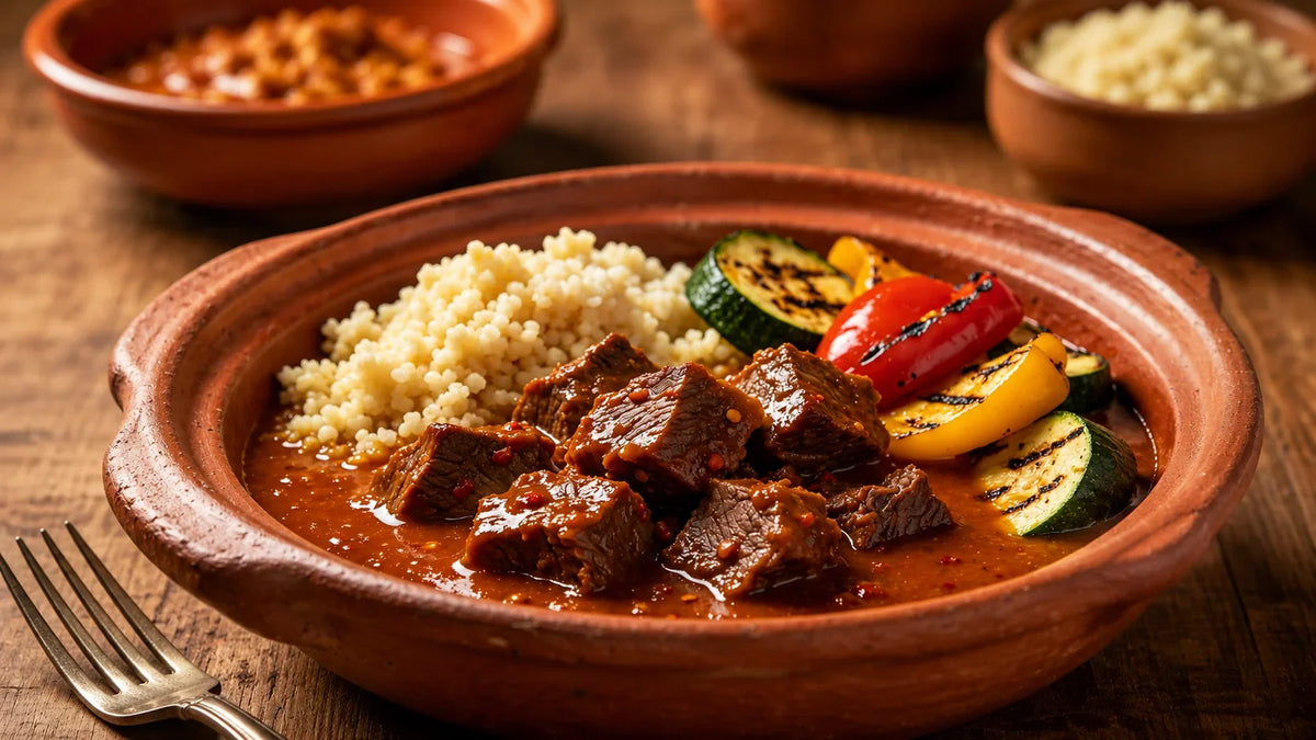 Harissa slow-cooked beef served with couscous and grilled Mediterranean vegetables, made using Spice & Dipity Harissa Moroccan Spice Blend.