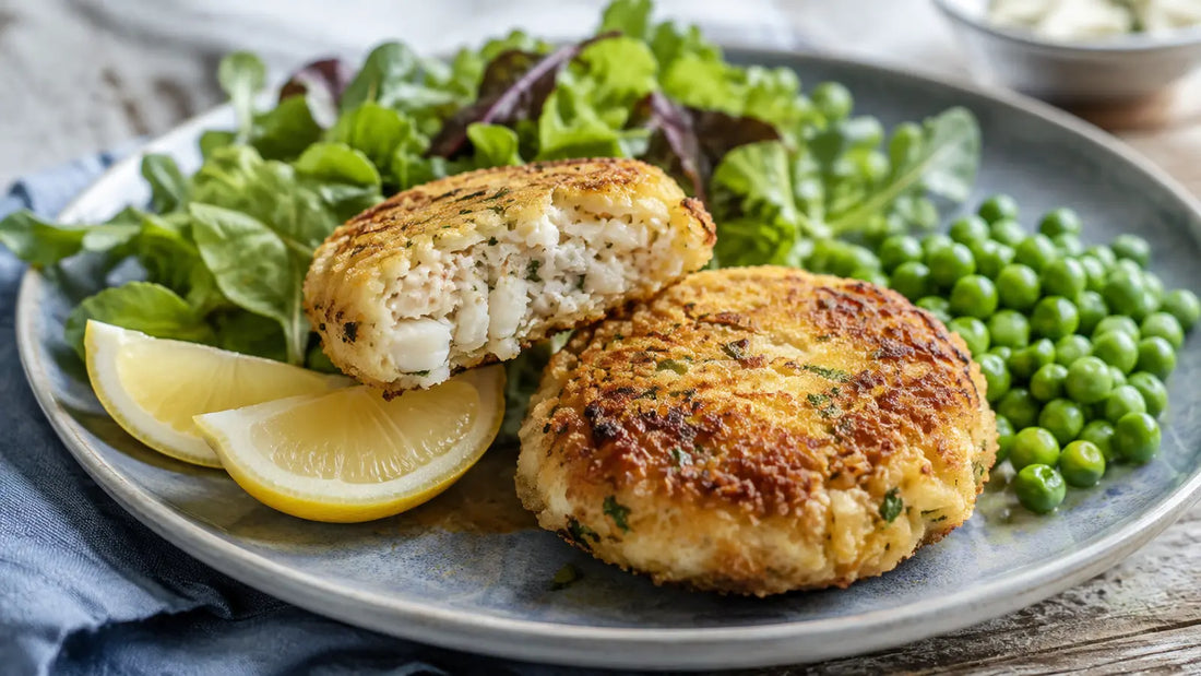 Golden homemade fishcakes with peas, lemon and salad, flavoured with Spice & Dipity Fish Seasoning.