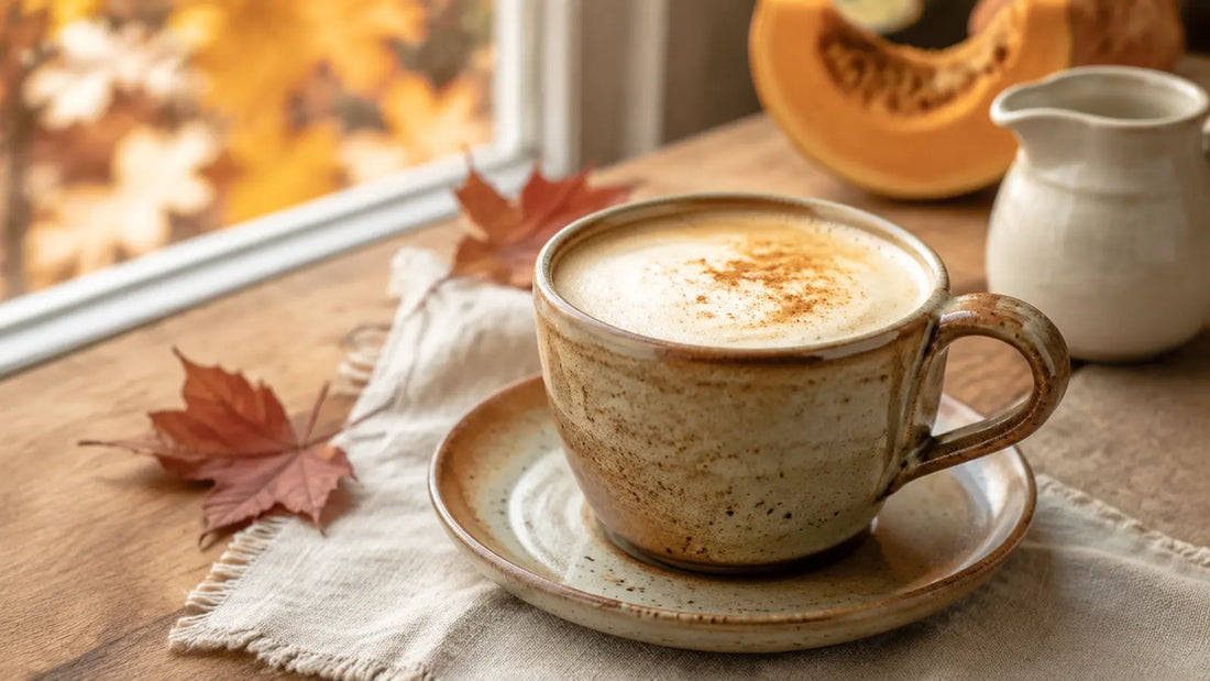 Homemade pumpkin spice latte with creamy foam served in a stoneware mug beside fresh pumpkin in a bright autumn kitchen.