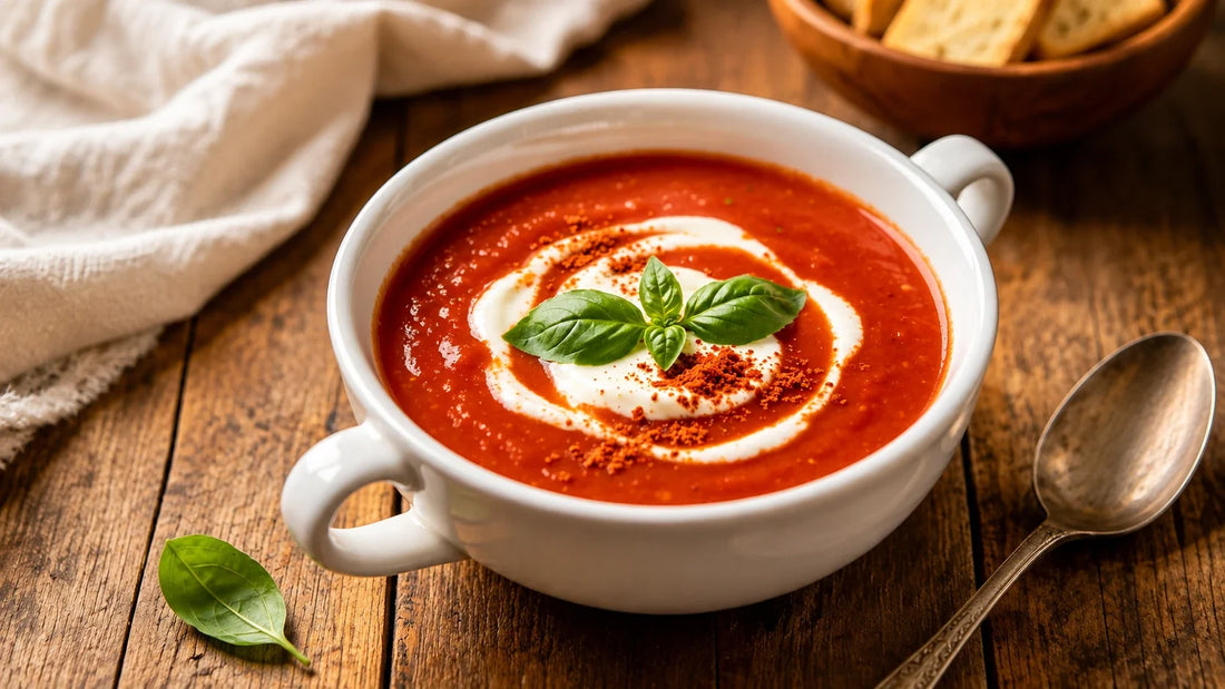 Homemade spiced tomato soup with a swirl of cream, fresh basil and warming spices, served in a rustic white bowl on a wooden table.